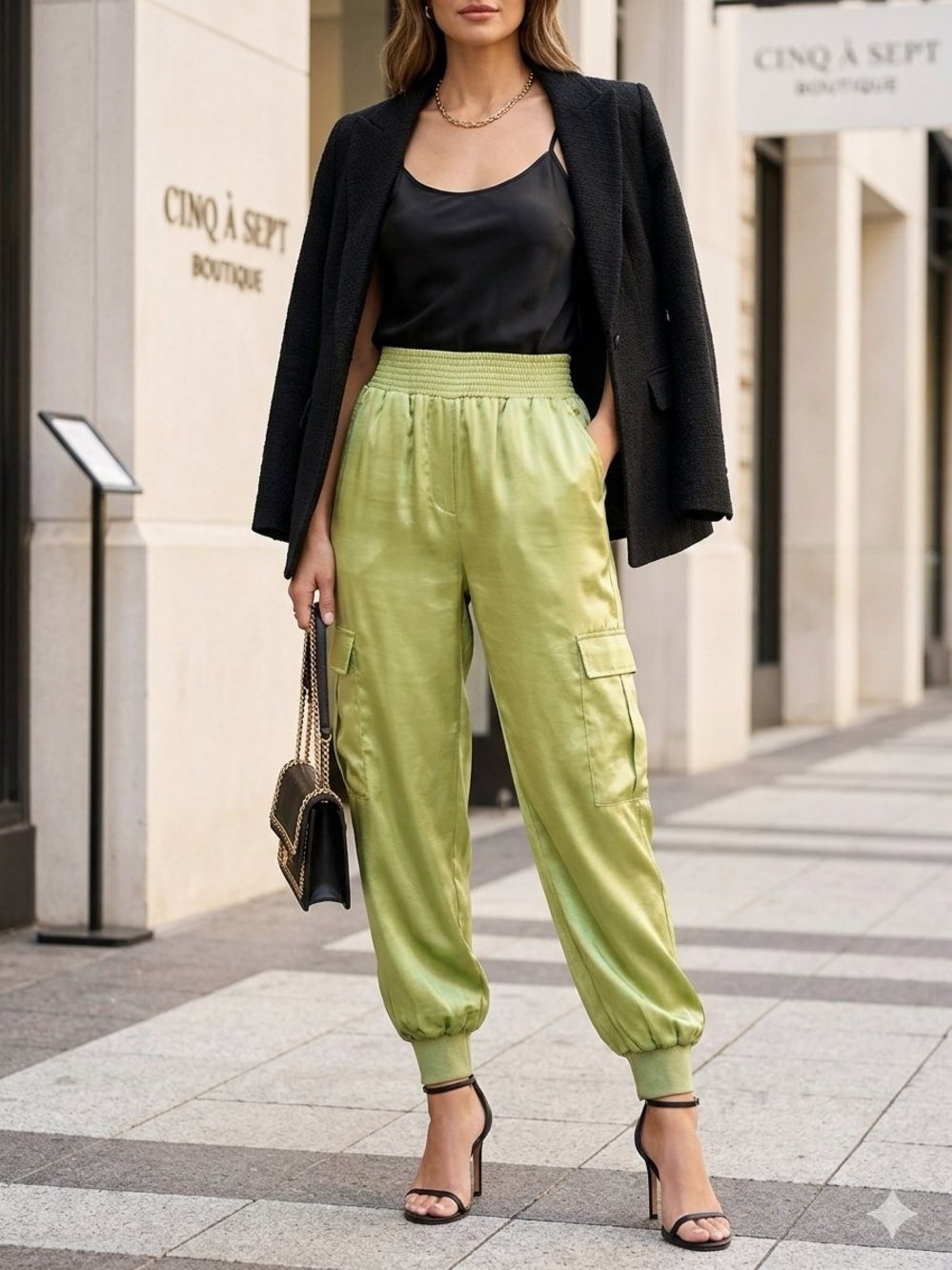 cinq a sept Lime Green Satin Cargo Joggers